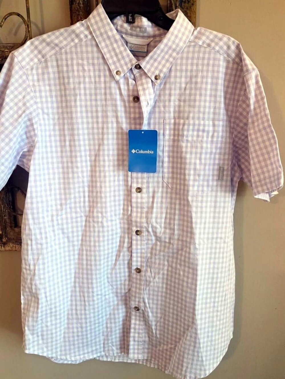 Columbia Men's Short Sleeve Button Up Shirt White Purple Gingham Size L NWT